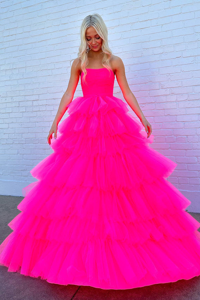 Load image into Gallery viewer, Hot Pink A-Line Tiered Tulle Long Prom Dress