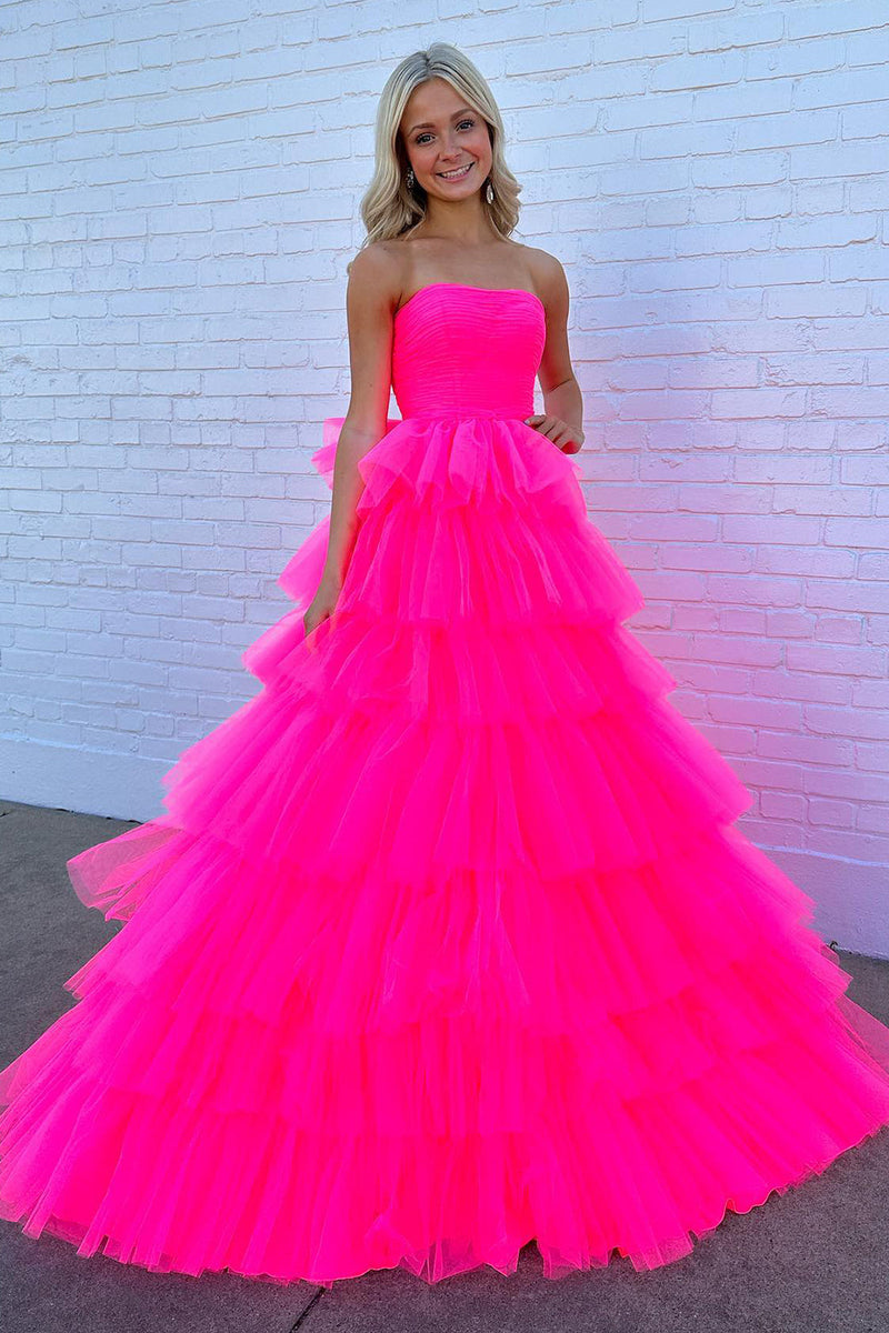 Load image into Gallery viewer, Hot Pink A-Line Tiered Tulle Long Prom Dress