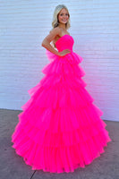Load image into Gallery viewer, Hot Pink A-Line Tiered Tulle Long Prom Dress