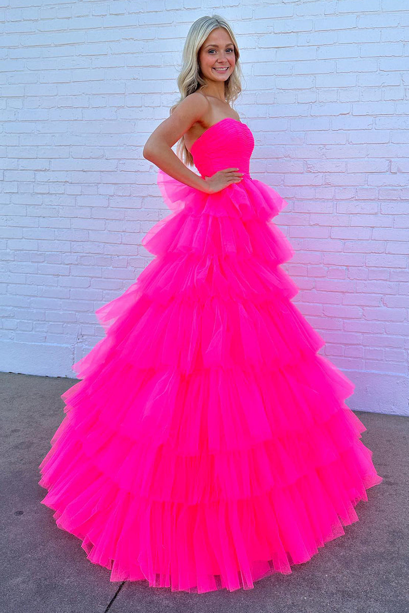Load image into Gallery viewer, Hot Pink A-Line Tiered Tulle Long Prom Dress
