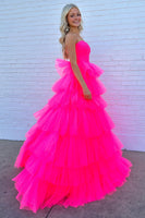 Load image into Gallery viewer, Hot Pink A-Line Tiered Tulle Long Prom Dress
