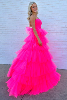 Hot Pink A-Line Tiered Tulle Long Prom Dress