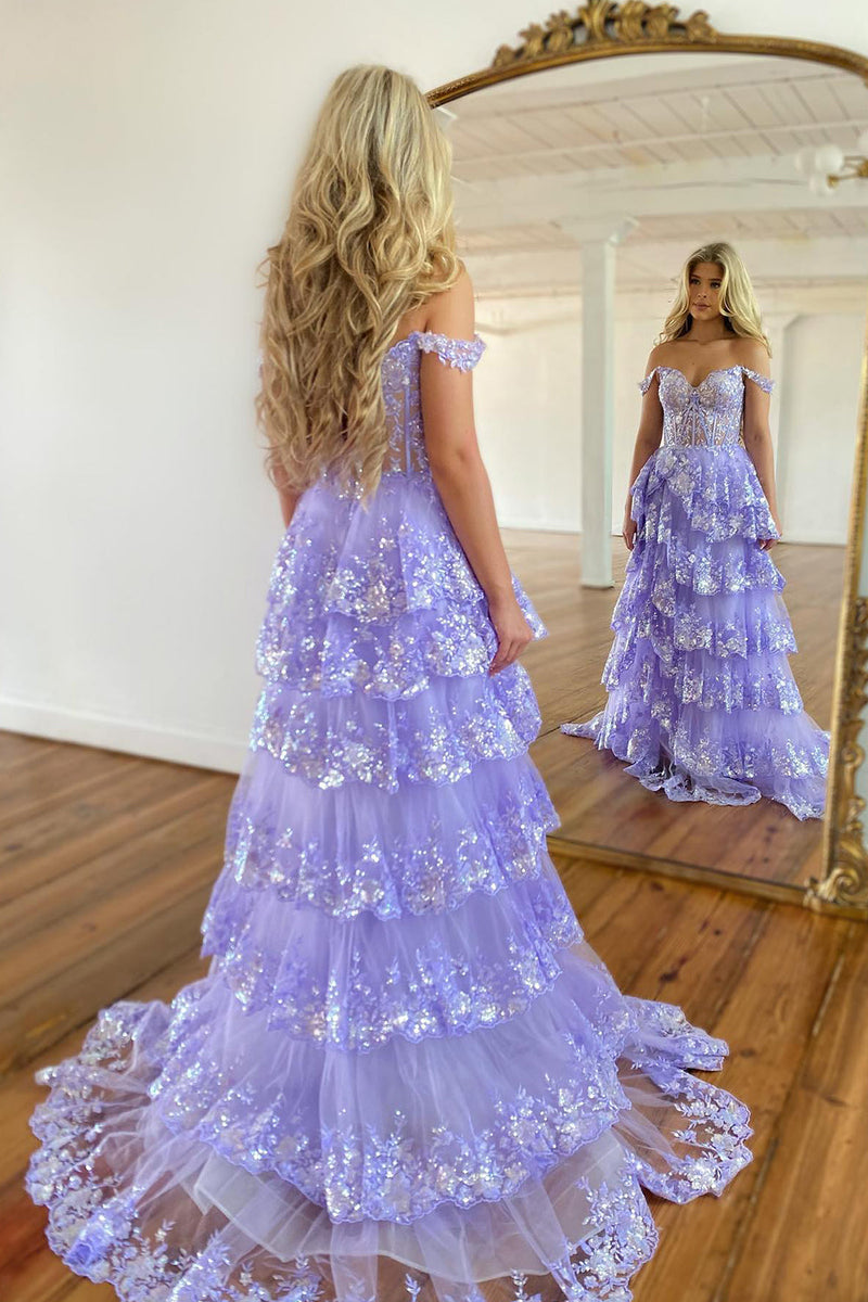 Load image into Gallery viewer, Sparkly Black Off The Shoulder Tiered Corset Prom Dress