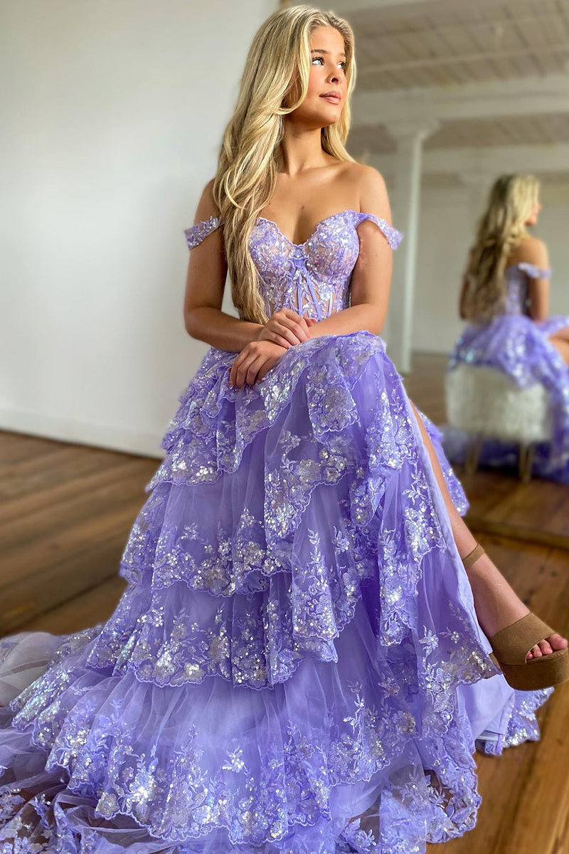 Load image into Gallery viewer, Sparkly Black Off The Shoulder Tiered Corset Prom Dress