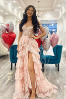 Load image into Gallery viewer, Pink Off The Shoulder Tiered Prom Dress