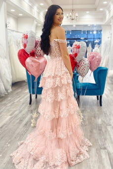 Pink Off The Shoulder Tiered Prom Dress