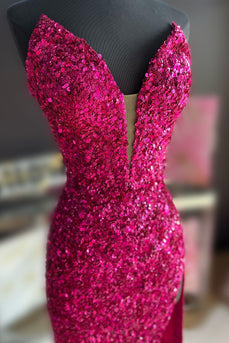 Fuchsia Strapless Sequin Prom Dress with Slit