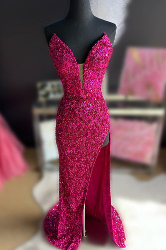 Fuchsia Strapless Sequin Prom Dress with Slit