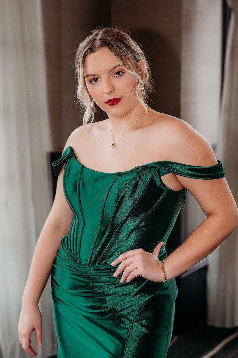 Load image into Gallery viewer, Green Corset Off the Shoulder Long Prom Dress with Slit