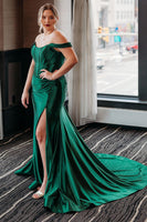 Load image into Gallery viewer, Green Corset Off the Shoulder Long Prom Dress with Slit