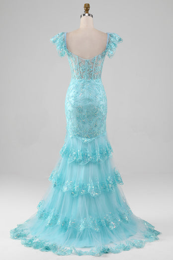 Sky Blue Off the Shoulder Lace and Sequin Mermaid Prom Dress with Slit