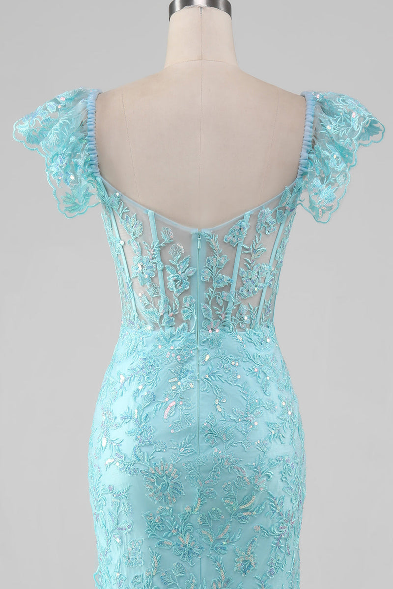 Load image into Gallery viewer, Sky Blue Off the Shoulder Lace and Sequin Mermaid Prom Dress with Slit