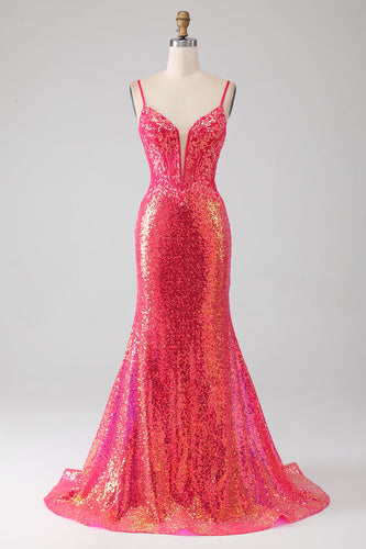 Sparkly Mermaid Fuchsia Prom Dress with Sequins