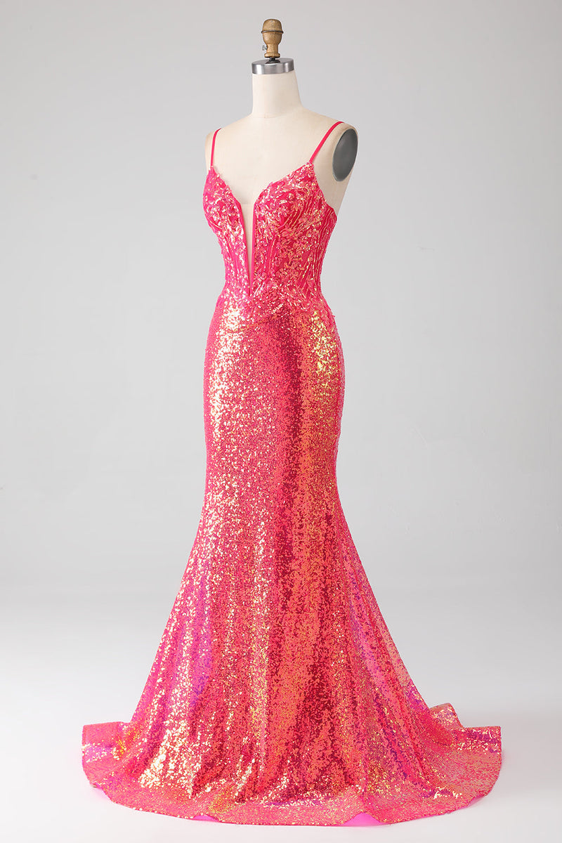 Load image into Gallery viewer, Sparkly Mermaid Fuchsia Prom Dress with Sequins