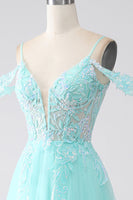 Load image into Gallery viewer, Light Green Cold Shoulder Sequins Prom Dress