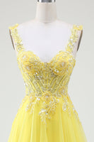 Load image into Gallery viewer, Tulle Beaded Yellow Corset Prom Dress with Slit