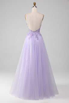 Sparkly Light Purple A-Line Spaghetti Straps Long Prom Dress With Beading