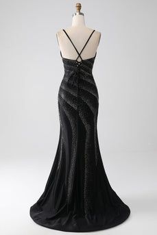 Mermaid Beaded Black Prom Dress with Slit