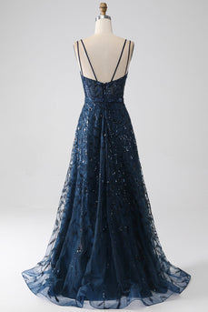 A-Line Dark Navy Spaghetti Straps Long Prom Dress with Slit