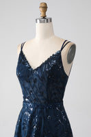 Load image into Gallery viewer, A-Line Dark Navy Spaghetti Straps Long Prom Dress with Slit