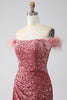 Load image into Gallery viewer, Mermaid Off the Shoulder Blush Sequins Prom Dress with Slit