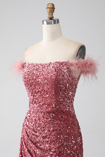 Mermaid Off the Shoulder Blush Sequins Prom Dress with Slit