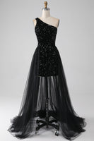 Load image into Gallery viewer, A-Line Black One Shoulder Sequins Prom Dress