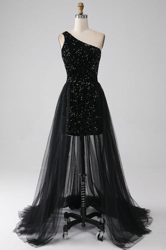 A-Line Black One Shoulder Sequins Prom Dress