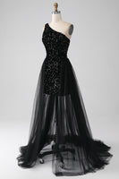 Load image into Gallery viewer, A-Line Black One Shoulder Sequins Prom Dress