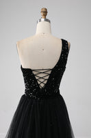 Load image into Gallery viewer, A-Line Black One Shoulder Sequins Prom Dress