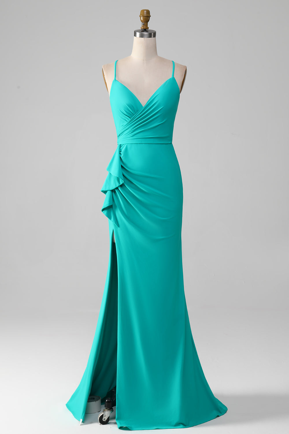 Turquoise Spaghetti Straps Open Back Mermaid Pleated Prom Dress