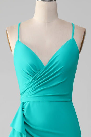 Turquoise Spaghetti Straps Open Back Mermaid Pleated Prom Dress