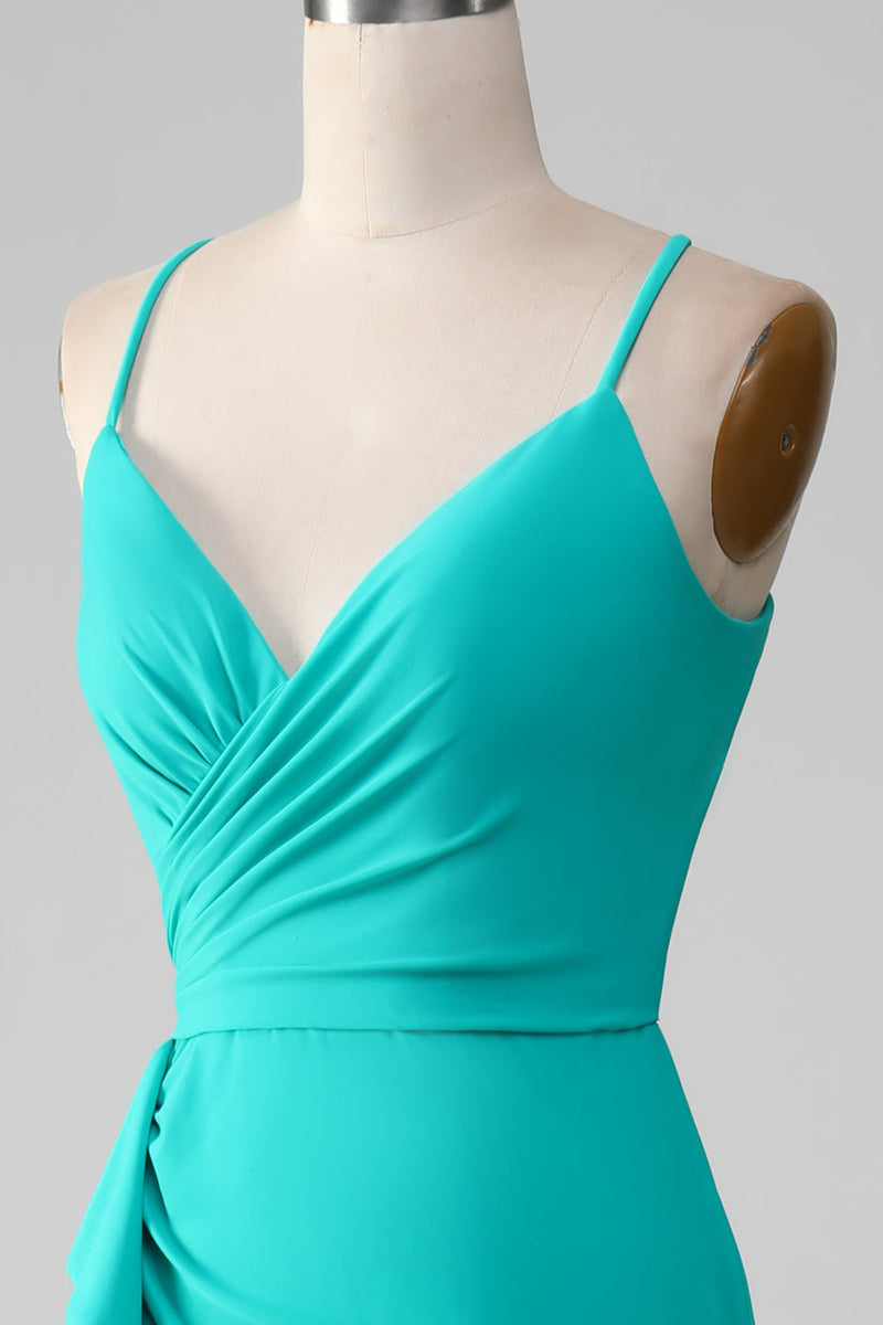 Load image into Gallery viewer, Turquoise Spaghetti Straps Open Back Mermaid Pleated Prom Dress