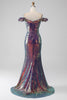 Load image into Gallery viewer, Sparkly Mermaid Off The Shoulder Purple Prom Dress with Slit