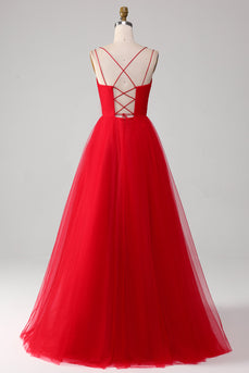 Spaghetti Straps A-Line Red Long Prom Dress wth Cross Criss Back