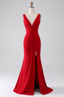Load image into Gallery viewer, Mermaid V-Neck Red Prom Dress with Slit