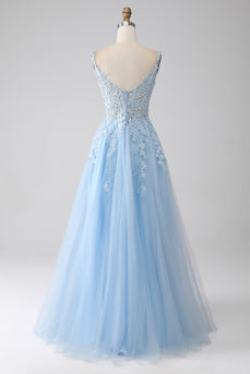 A-Line Light Blue Corset Prom Dress with Appliques