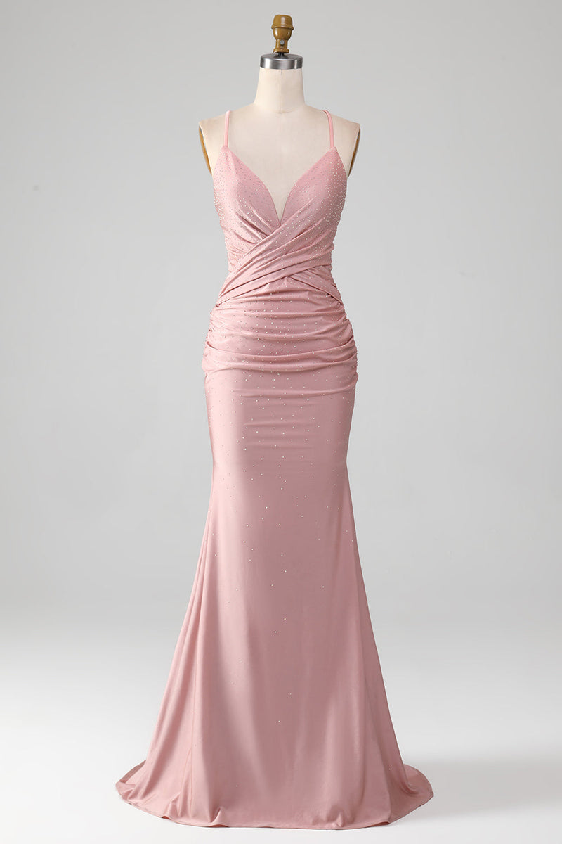 Load image into Gallery viewer, Sparkly Blush Beaded Long Mermaid Prom Dress