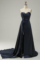 Load image into Gallery viewer, A Line Sweetheart Navy Long Prom Dress with Split Front