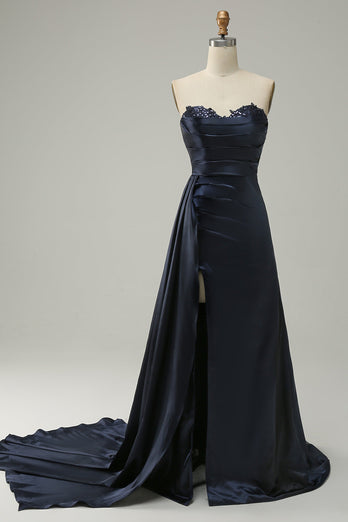 A Line Sweetheart Navy Long Prom Dress with Split Front