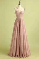Load image into Gallery viewer, Pink Sheath Tulle Spaghetti Straps Long Corset Prom Dress With Slit