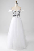 Load image into Gallery viewer, White A-Line Off the Shoulder Long Corset Prom Dress