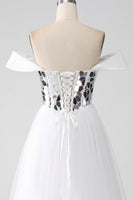 Load image into Gallery viewer, White A-Line Off the Shoulder Long Corset Prom Dress