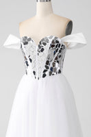 Load image into Gallery viewer, White A-Line Off the Shoulder Long Corset Prom Dress