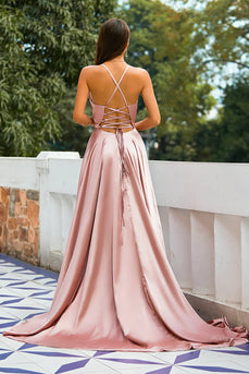 Pink A Line Satin Long Prom Dress With Slit