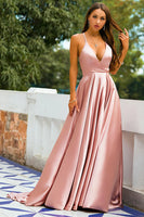 Load image into Gallery viewer, Pink A Line Satin Long Prom Dress With Slit