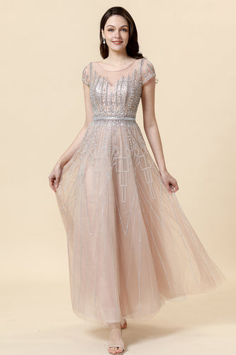 Blush A-Line Beaded Long Prom Dress