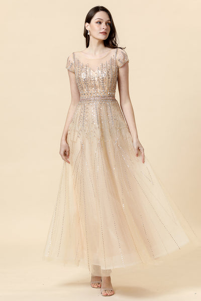 Sparkly Golden Beaded Long Evening Dress