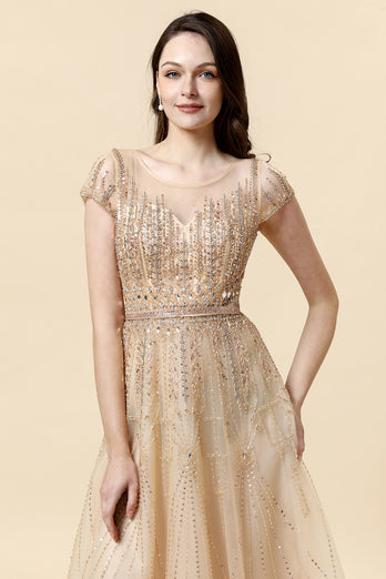 Sparkly Golden Beaded Long Evening Dress