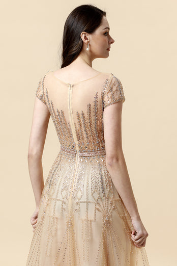 Sparkly Golden Beaded Long Evening Dress